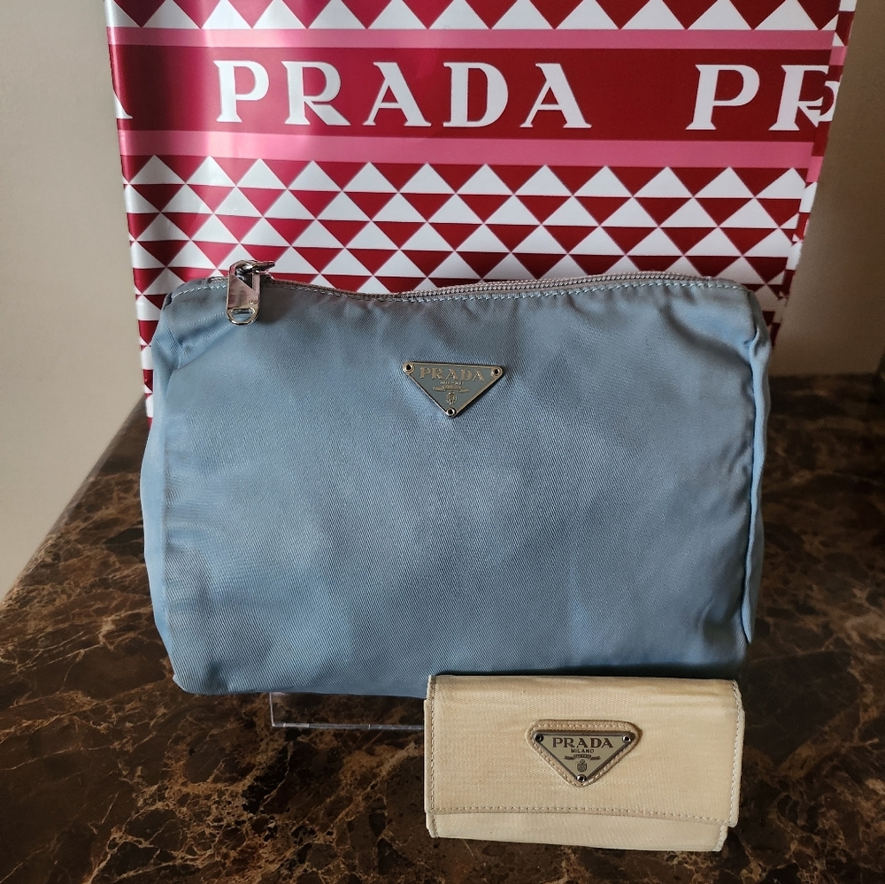 Prada Bundle Light Blue Nylon Cosmetic Pouch & Prada Cream Card/Key Holder GUC